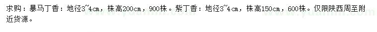 求購地徑3-4公分暴馬丁香、紫丁香