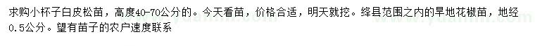 求購高40-70公分白皮松、地徑0.5公分花椒苗