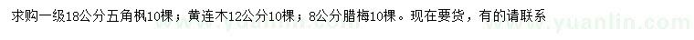 求購(gòu)五角楓、黃連木、臘梅