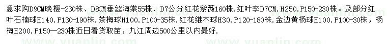求購晚櫻、垂絲海棠、紅花紫薇等