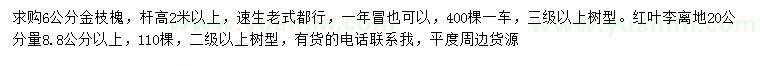求購6公分金枝槐、20量8.8公分紅葉李