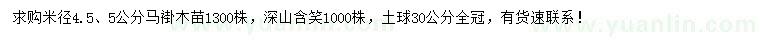 求購米徑4.5、5公分馬褂木、深山含笑
