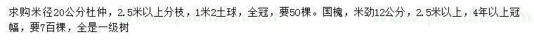 求購米徑20公分杜仲、米徑12公分國槐