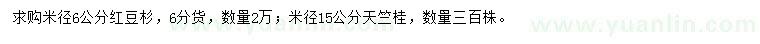求購米徑6公分紅豆杉、米徑15公分天竺桂