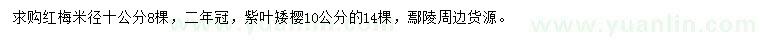 求購米徑10公分紅梅、紫葉矮櫻