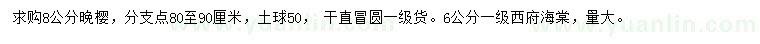 求購8公分晚櫻、6公分西府海棠