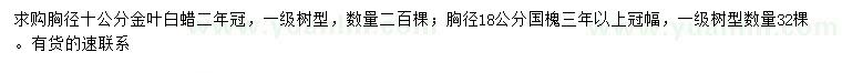 求購(gòu)胸徑10公分金葉白蠟、胸徑18公分國(guó)槐