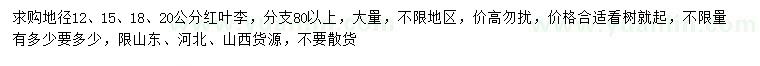 求購(gòu)地徑12、15、18、20公分紅葉李