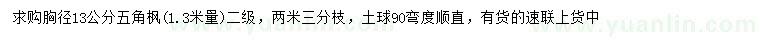 求購1.3米量13公分五角楓