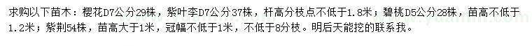 求購櫻花、紫葉李、碧桃等