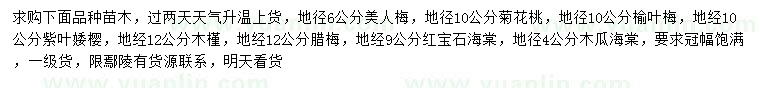 求購美人梅、菊花桃、榆葉梅等