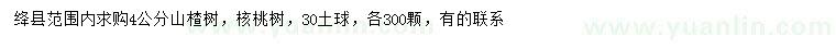 求購4公分山楂樹、核桃樹