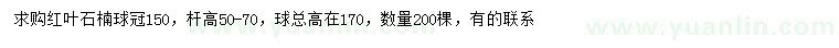 求購冠幅150公分紅葉石楠球
