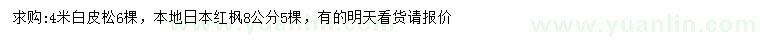 求購4米白皮松、8公分日本紅楓