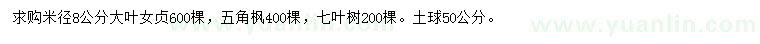 求購大葉女貞、五角楓、七葉樹