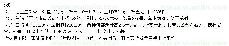 求購紅玉蘭、白臘、法桐