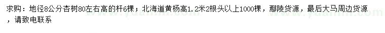 求購(gòu)地徑8公分杏樹、高1.2米北海道黃楊