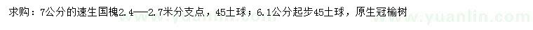 求購7公分速生國槐、6.1公分以上榆樹