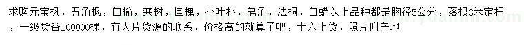 求購元寶楓、五角楓、白榆等