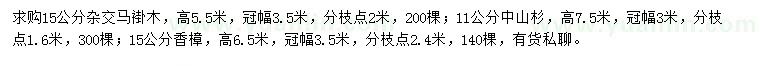 求購馬褂木、中山杉、香樟