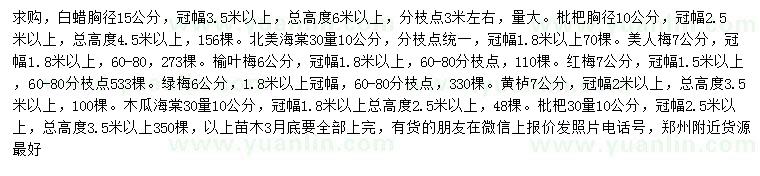 求購白蠟、枇杷、北美海棠等