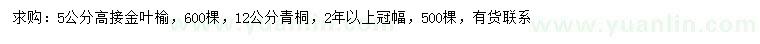 求購5公分高接金葉榆、12公分青桐