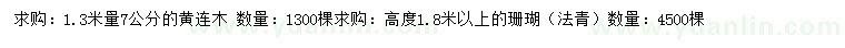 求購1.3米量7公分黃連木、高1.8米珊瑚（法青）