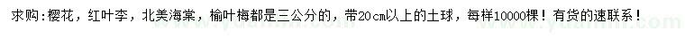 求購櫻花、紅葉李、北美海棠等