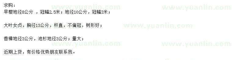 求購櫻花、大葉女貞、香樟等