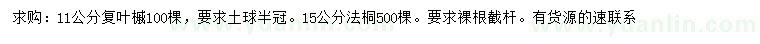 求購11公分復葉槭、15公分法桐