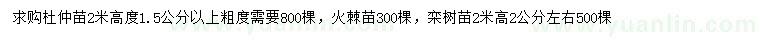 求購1.5公分以上杜仲苗、2公分左右欒樹苗