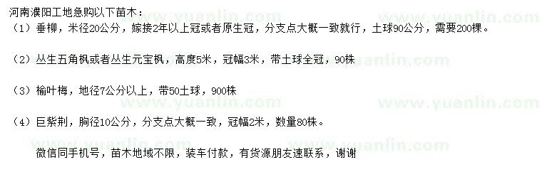 求購垂柳、榆葉梅、巨紫荊等