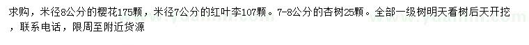 求購櫻花、紅葉李、杏樹