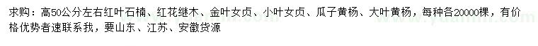 求購(gòu)紅葉石楠、紅花繼木、金葉女貞等小苗