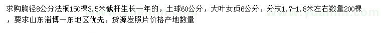 求購胸徑8公分法桐、6公分大葉女貞