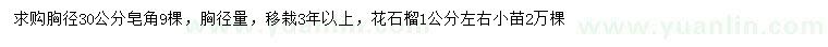 求購(gòu)胸徑30公分皂角、1公分左右花石榴