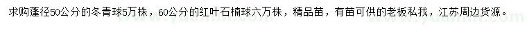 求購蓬徑50公分冬青球、60公分紅葉石楠球