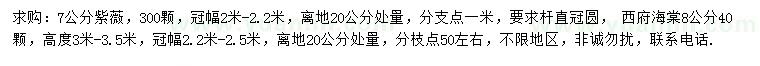 求購20公分量7公分紫薇、8公分西府海棠