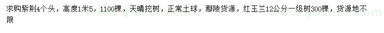 求購(gòu)高1.5米紫荊、12公分紅玉蘭