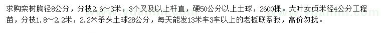 求購胸徑8公分欒樹、米徑4公分大葉女貞