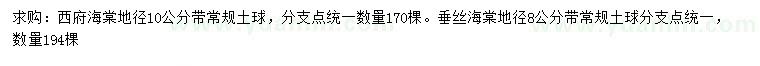 求購(gòu)地徑10公分西府海棠、8公分垂絲海棠