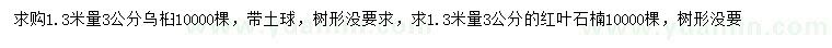 求購1.3米量3公分烏桕、紅葉石楠