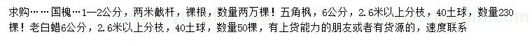 求購國槐、五角楓、老白蠟