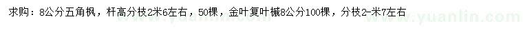 求購8公分五角楓、金葉復(fù)葉槭