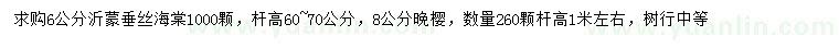 求購(gòu)6公分沂蒙垂絲海棠、8公分晚櫻