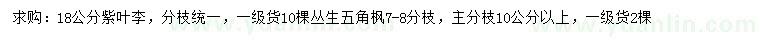 求購18公分紫葉李、叢生五角楓