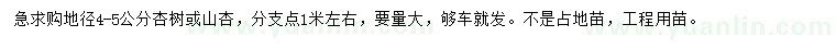 求購地徑4-5公分杏樹或山杏