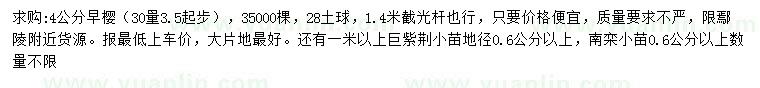求購早櫻、巨紫荊小苗、南欒小苗