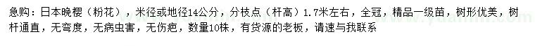 求購(gòu)米徑14公分日本晚櫻（粉花）