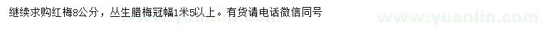求購8公分紅梅、冠幅1.5米以上叢生臘梅